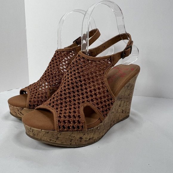 Jellypop Shoes - Jellypop Tara slingback size 7M cork wedge cognac brown 4in wedge woven upper